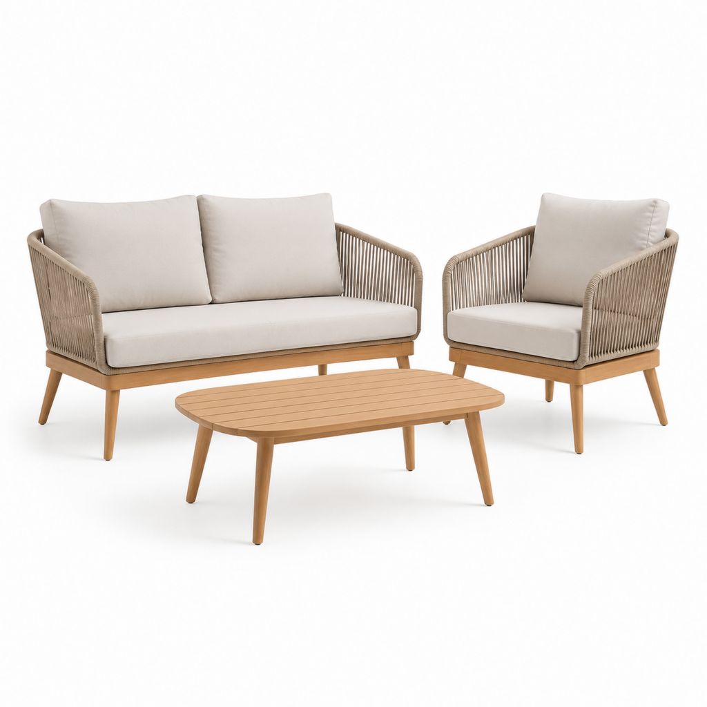 Set salotto da giardino 3 pezzi beige in legno massello di acacia e corda di polipropilene con divano 2 posti poltrona e tavolino ovale divano 130 x 70 x 78 cm