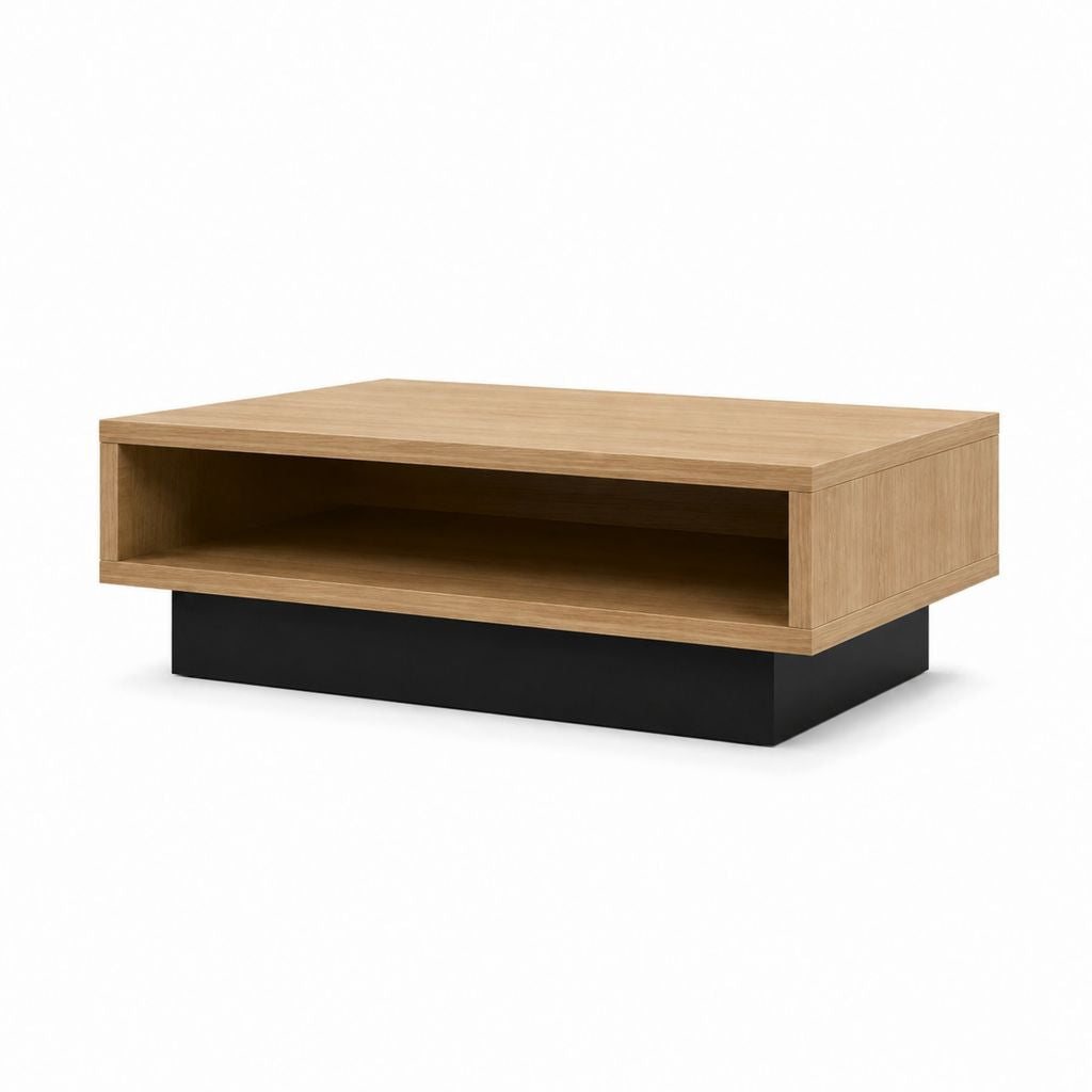 Tavolino da caffè rettangolare rovere e nero in MDF 100 x 60 x 36 cm con vano a giorno