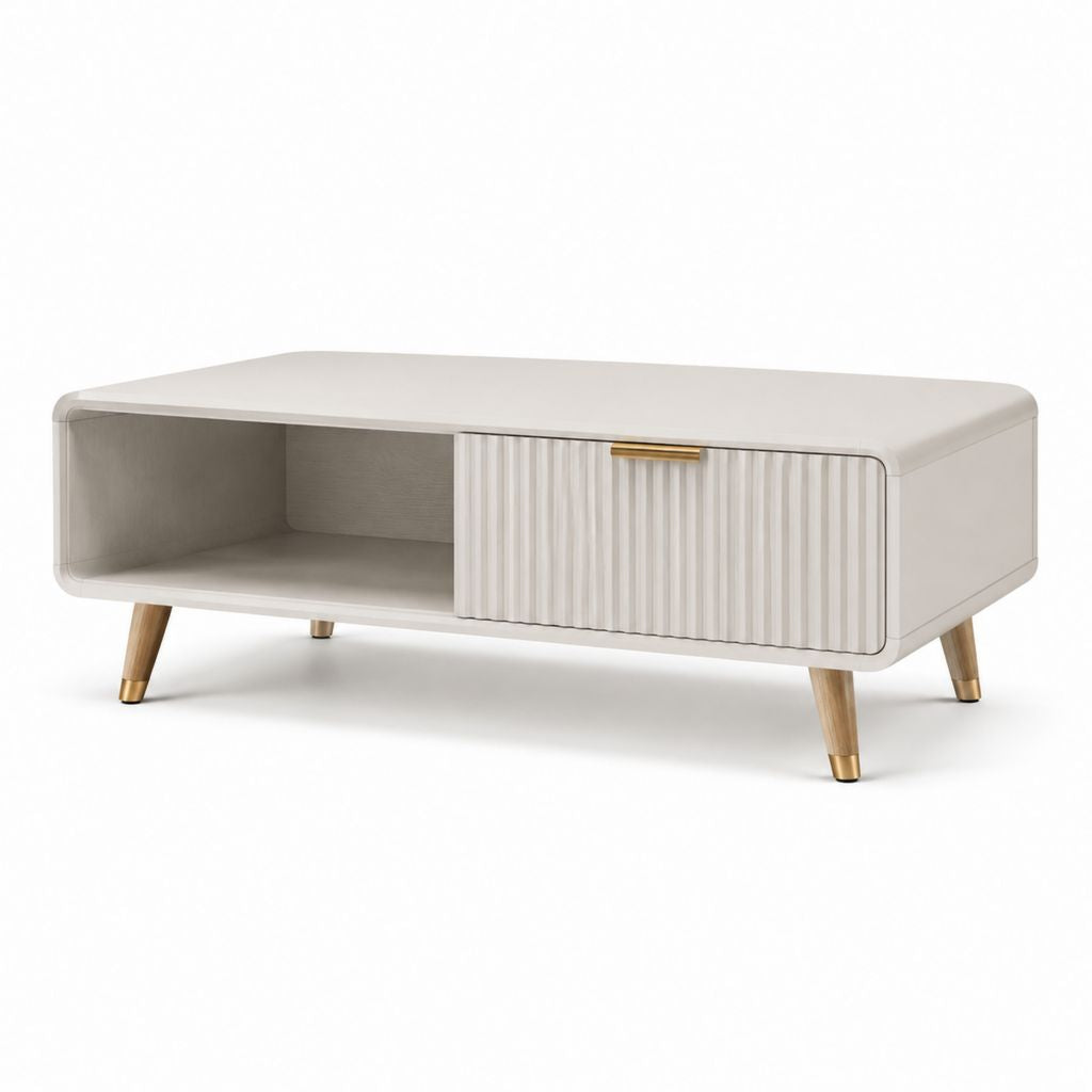 Tavolino da caffè rettangolare bianco in MDF laccato con cassetto e vano a giorno 100 x 50 x 45 cm