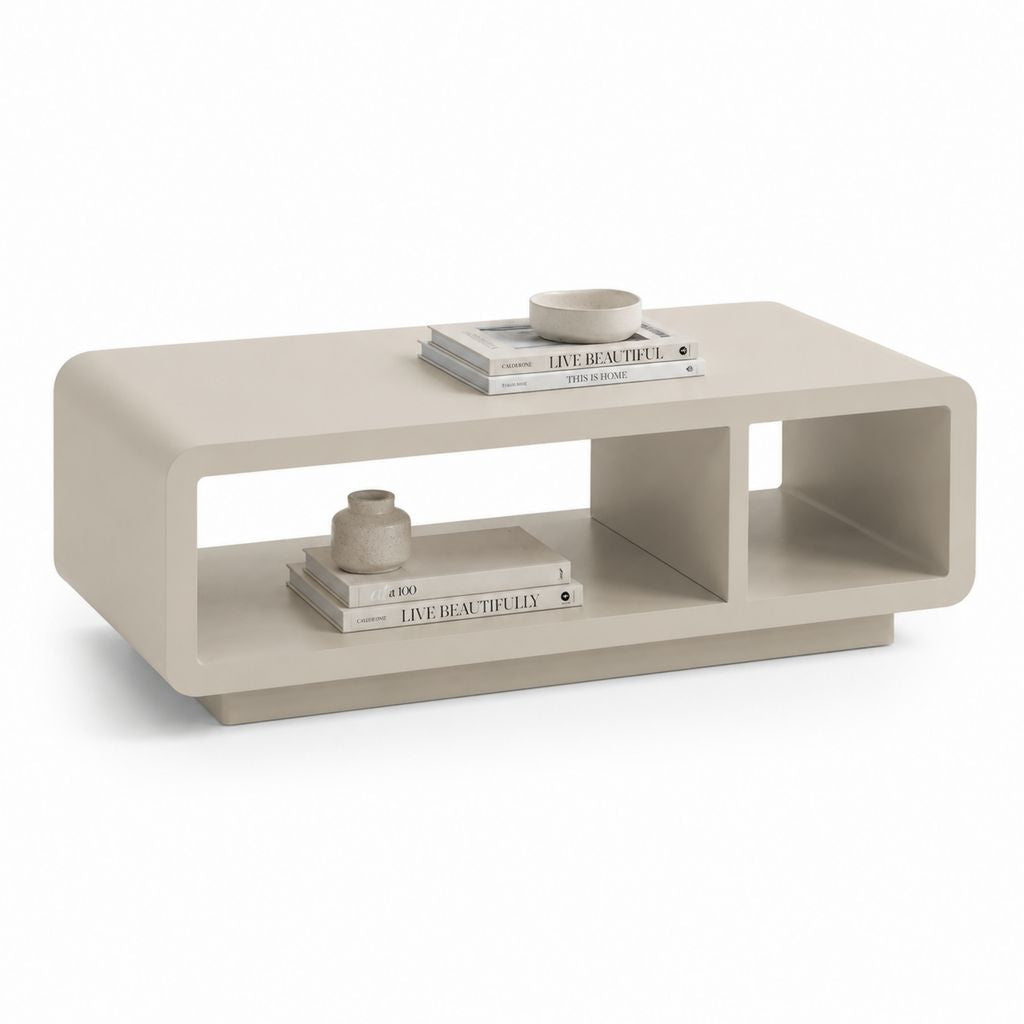 Tavolino da caffè rettangolare beige in MDF laccato con 2 vani 120 x 60 x 40 cm