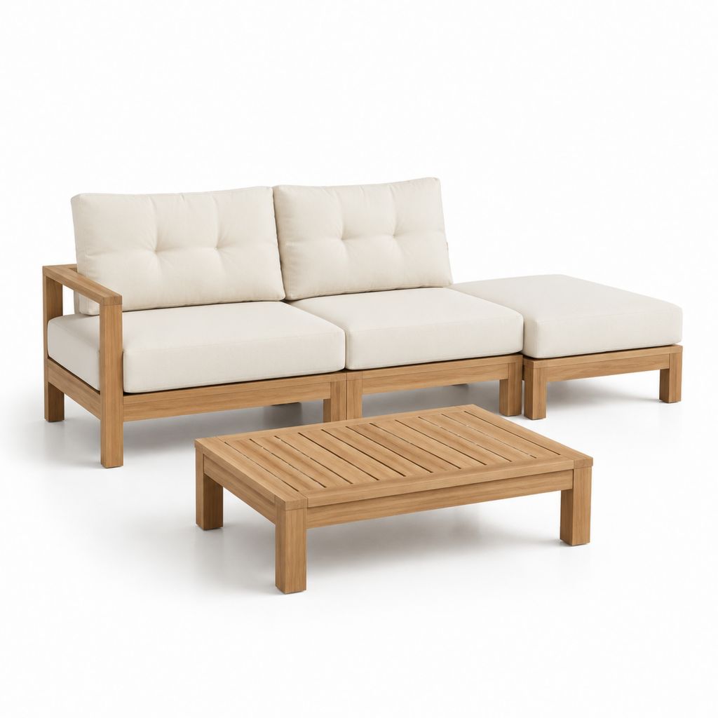 Set divano da giardino angolare in legno massello di acacia naturale con cuscini color crema 210 x 140 x 65 cm