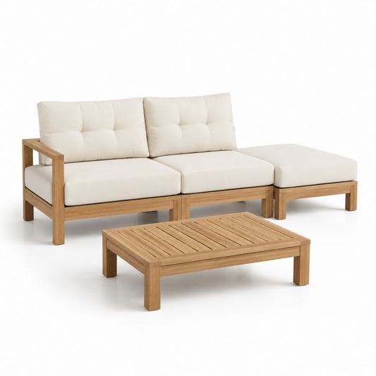Set divano da giardino angolare in legno massello di acacia naturale con cuscini color crema 210 x 140 x 65 cm