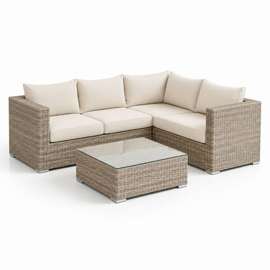 Set divano da giardino angolare 3 posti beige in rattan PE con tavolino 208 x 208 x 73 cm