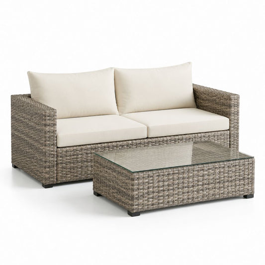 Set divano da giardino 2 posti e tavolino beige in rattan PE con cuscini 136 x 75 x 78 cm