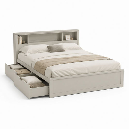 Letto contenitore matrimoniale grigio in MDF 160 x 200 cm con 2 cassetti e testiera a ripiani