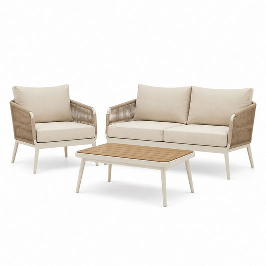 Salotto da giardino 4 pezzi beige in alluminio e corda con divano 2 posti poltrona tavolino 120 x 65 cm