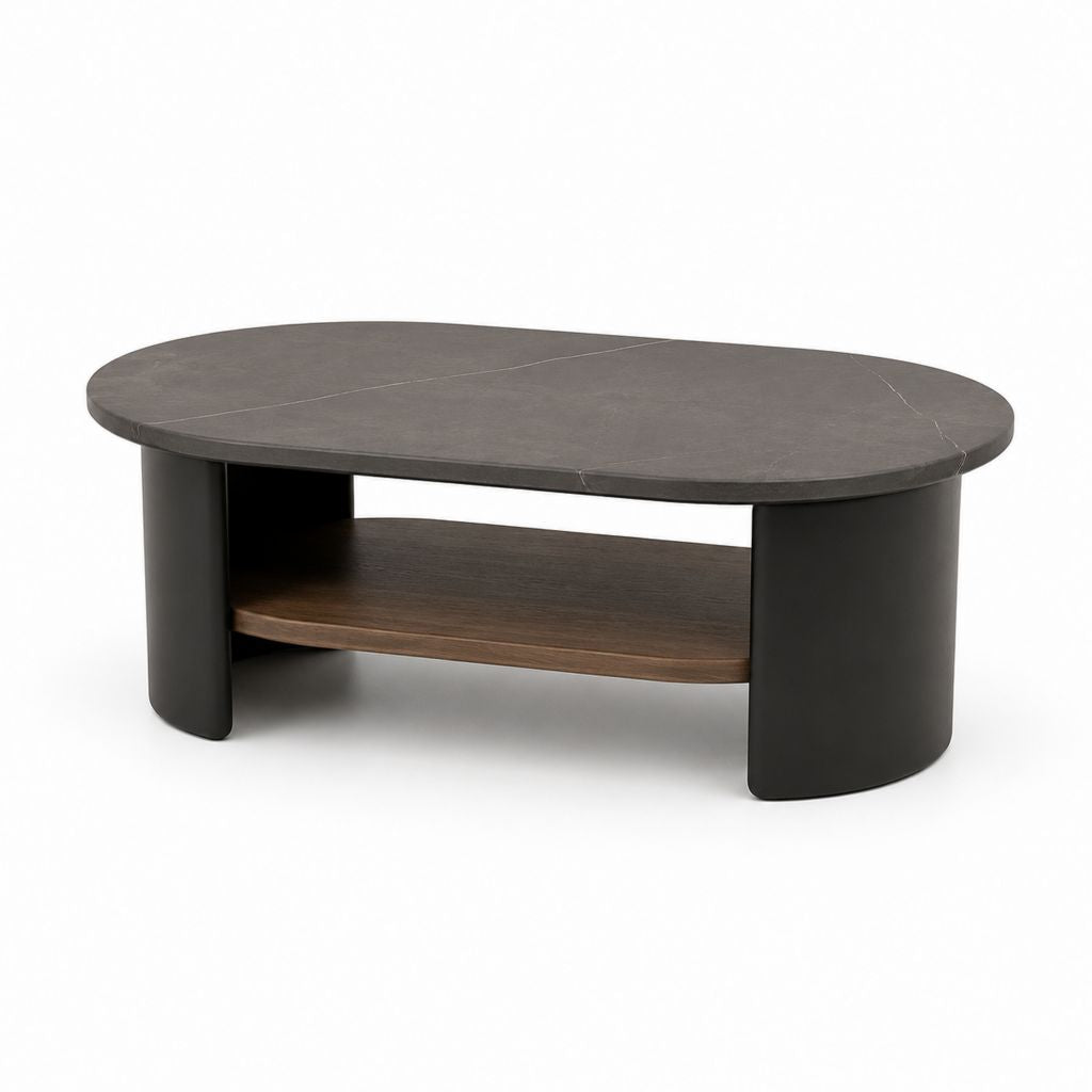 Tavolino da caffè ovale grigio antracite e nero in MDF rivestito 120 x 60 x 45 cm con ripiano