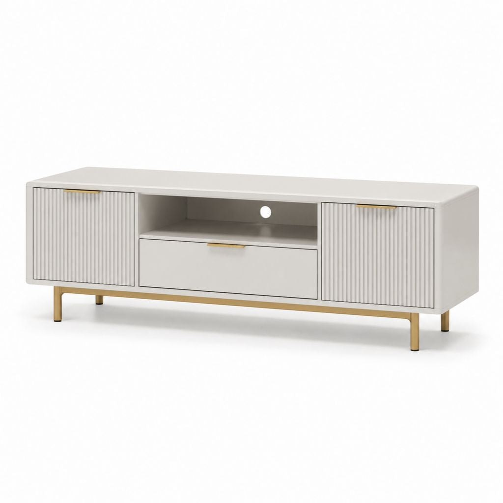 Mobile TV bianco in MDF rettangolare con ante scanalate e struttura in acciaio 160 x 40 x 55 cm