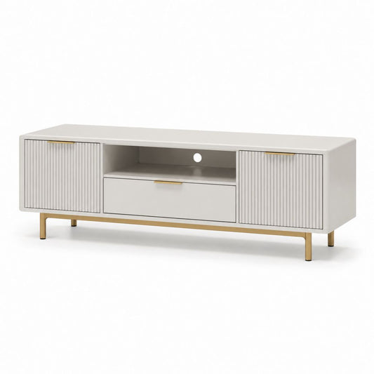 Mobile TV bianco in MDF rettangolare con ante scanalate e struttura in acciaio 160 x 40 x 55 cm