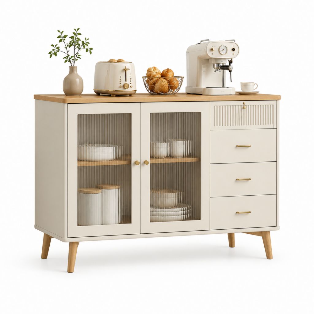 Credenza da cucina con vetrina e cassetti bianco crema in MDF e vetro rigato 120 x 40 x 90 cm