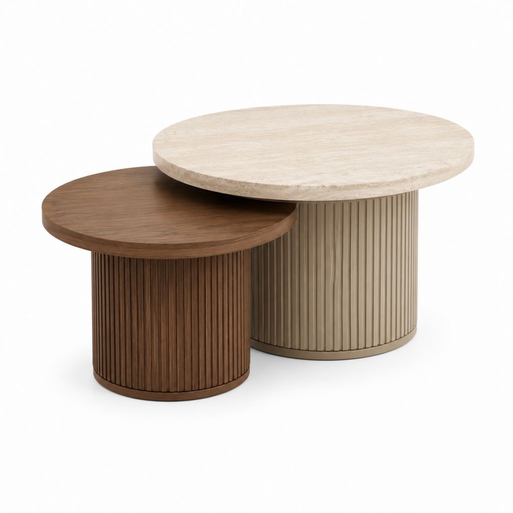 Set 2 Tavolini da Caffè Rotondi Beige e Noce in MDF con Rivestimento PVC Ø80 x 45 cm e Ø60 x 38 cm