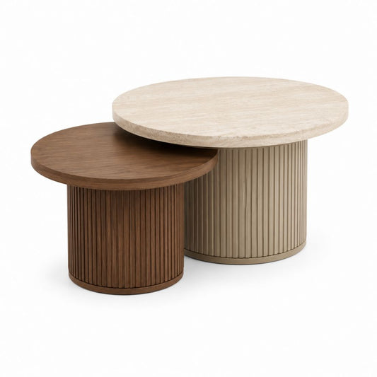 Set 2 Tavolini da Caffè Rotondi Beige e Noce in MDF con Rivestimento PVC Ø80 x 45 cm e Ø60 x 38 cm