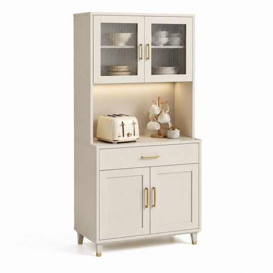 Credenza da cucina bianco avorio in MDF e vetro rigato con 4 ante 1 cassetto 80 x 40 x 180 cm