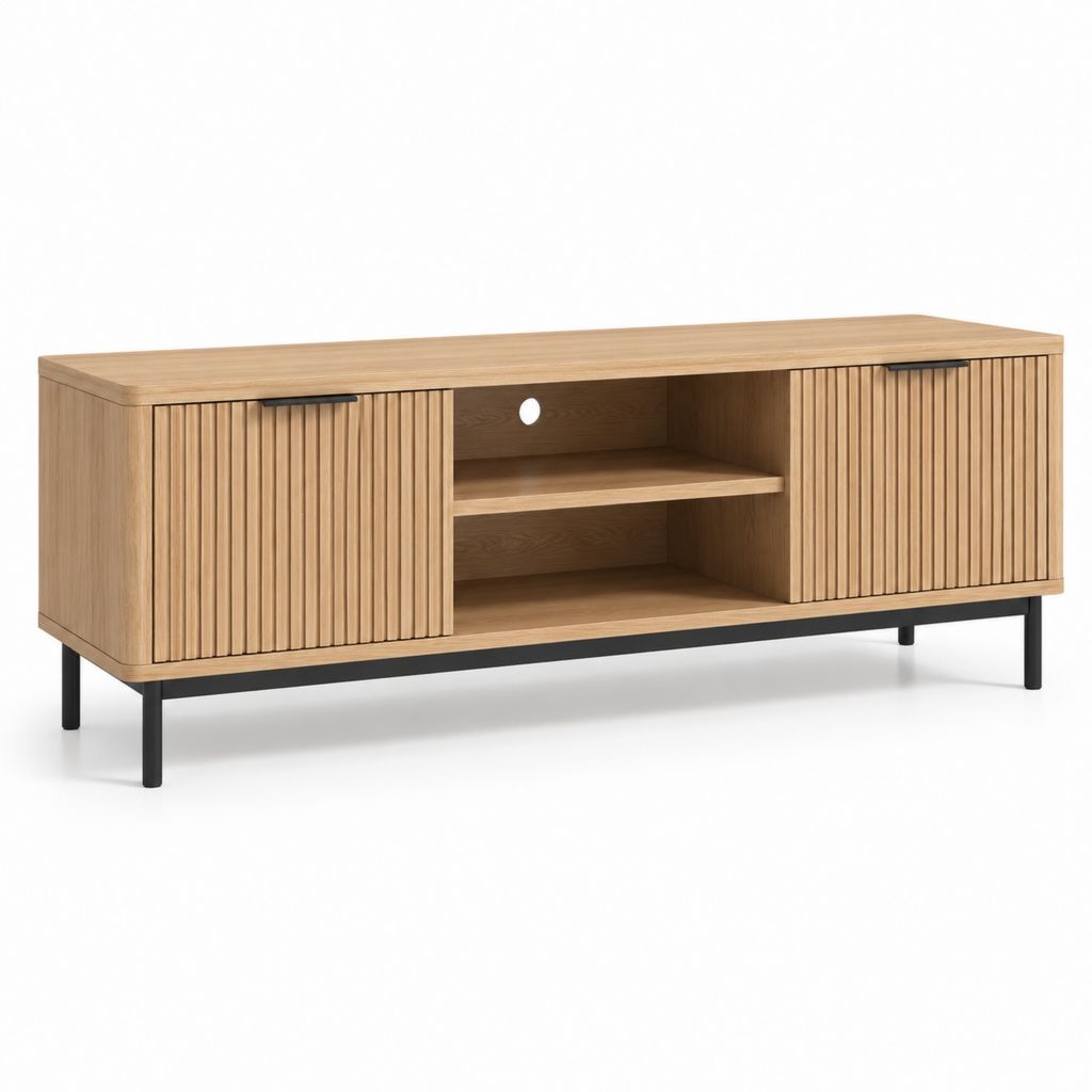 Mobile TV in rovere impiallacciato con ante scanalate e ripiani 160 x 40 x 60 cm