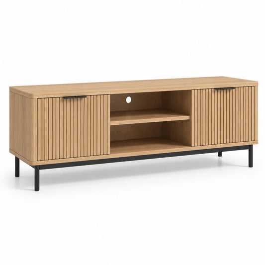 Mobile TV in rovere impiallacciato con ante scanalate e ripiani 160 x 40 x 60 cm