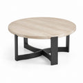 Tavolino da caffè rotondo beige in pietra sinterizzata effetto travertino con base in acciaio nero Ø80 x H40 cm