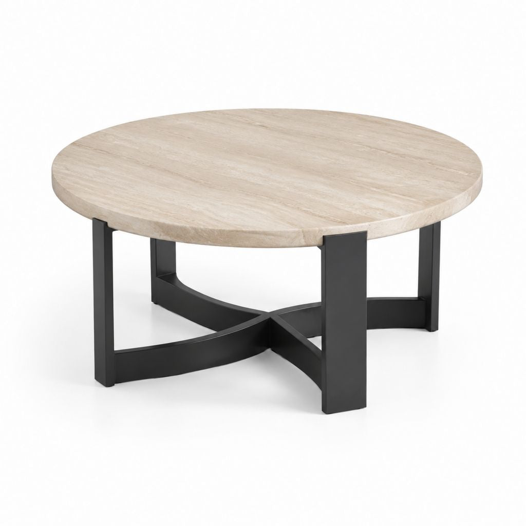 Tavolino da caffè rotondo beige in pietra sinterizzata effetto travertino con base in acciaio nero Ø80 x H40 cm
