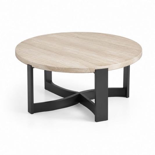 Tavolino da caffè rotondo beige in pietra sinterizzata effetto travertino con base in acciaio nero Ø80 x H40 cm