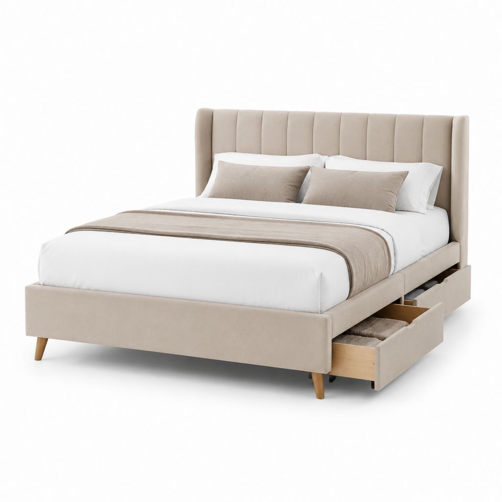 Letto contenitore matrimoniale beige in poliestere rettangolare 160 x 200 cm con 2 cassetti