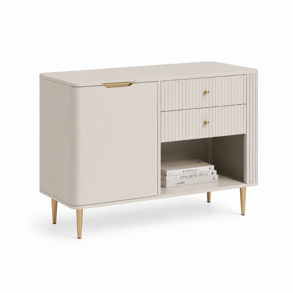 Credenza contenitore da ingresso beige in MDF 120 x 40 x 80 cm con anta cassetti e vano aperto
