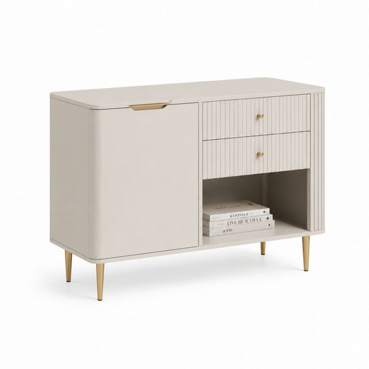 Credenza contenitore da ingresso beige in MDF 120 x 40 x 80 cm con anta cassetti e vano aperto
