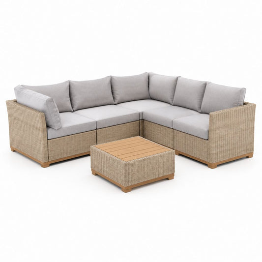 Set divano angolare da giardino 5 posti beige in rattan PE con cuscini grigi e tavolino 245 x 245 x 70 cm