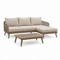 Set divano da giardino angolare con chaise longue e tavolino beige in legno massello di acacia e corda 230 x 150 x 75 cm