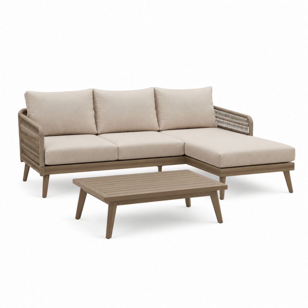 Set divano da giardino angolare con chaise longue e tavolino beige in legno massello di acacia e corda 230 x 150 x 75 cm