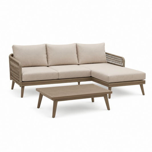 Set divano da giardino angolare con chaise longue e tavolino beige in legno massello di acacia e corda 230 x 150 x 75 cm