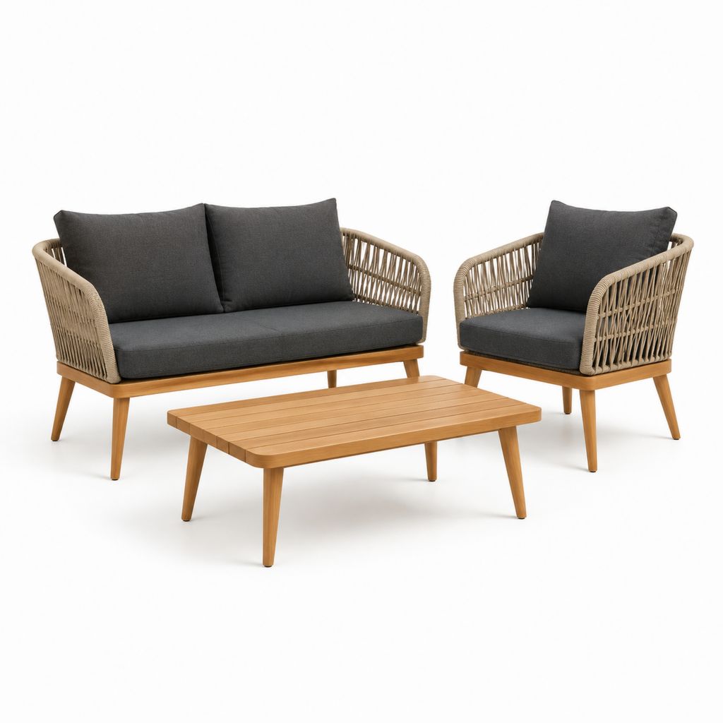 Set da giardino 4 pezzi in acacia e corda PE beige con cuscini grigio antracite divano 2 posti poltrona e tavolino 120 x 60 cm