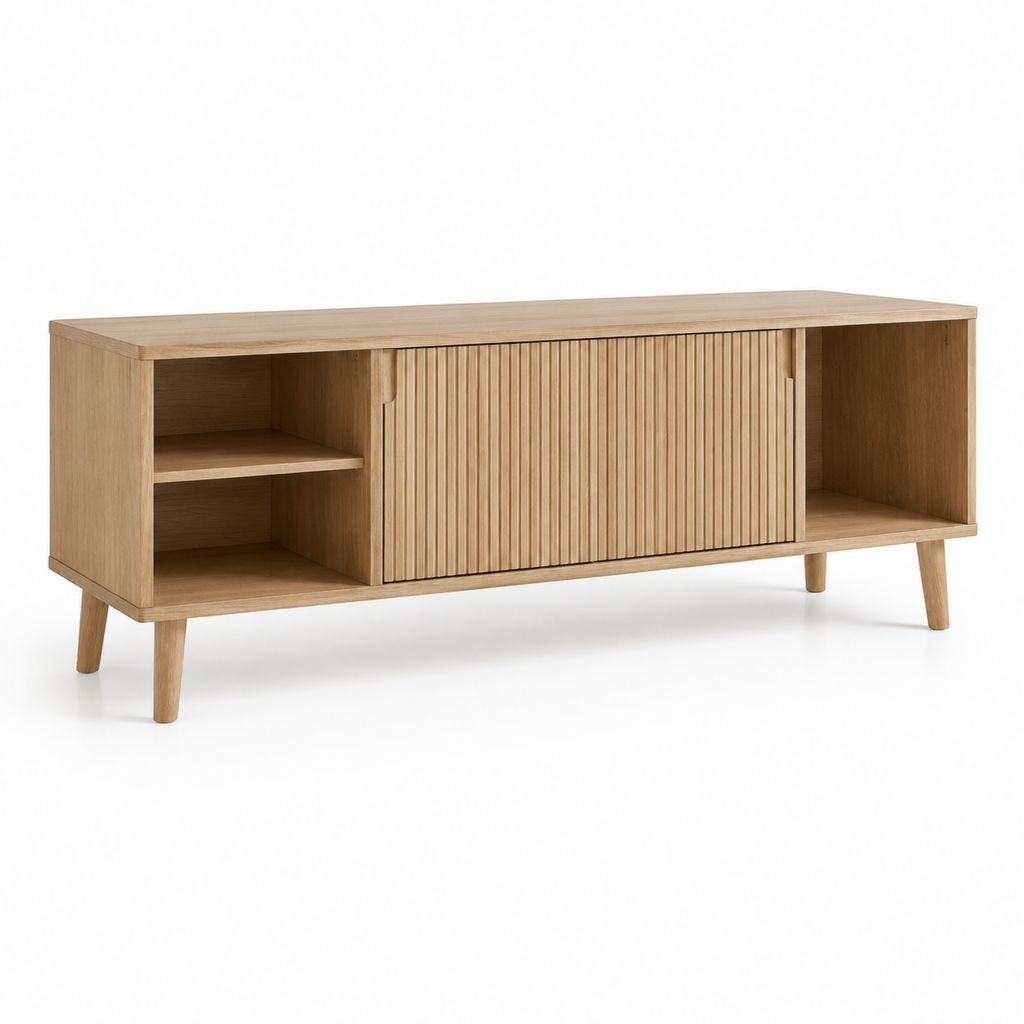 Mobile TV rettangolare rovere naturale in MDF impiallacciato con ante scorrevoli 160 x 40 x 65 cm