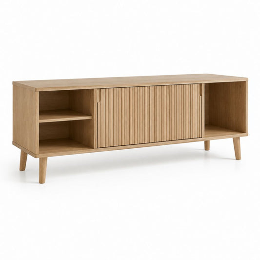 Mobile TV rettangolare rovere naturale in MDF impiallacciato con ante scorrevoli 160 x 40 x 65 cm
