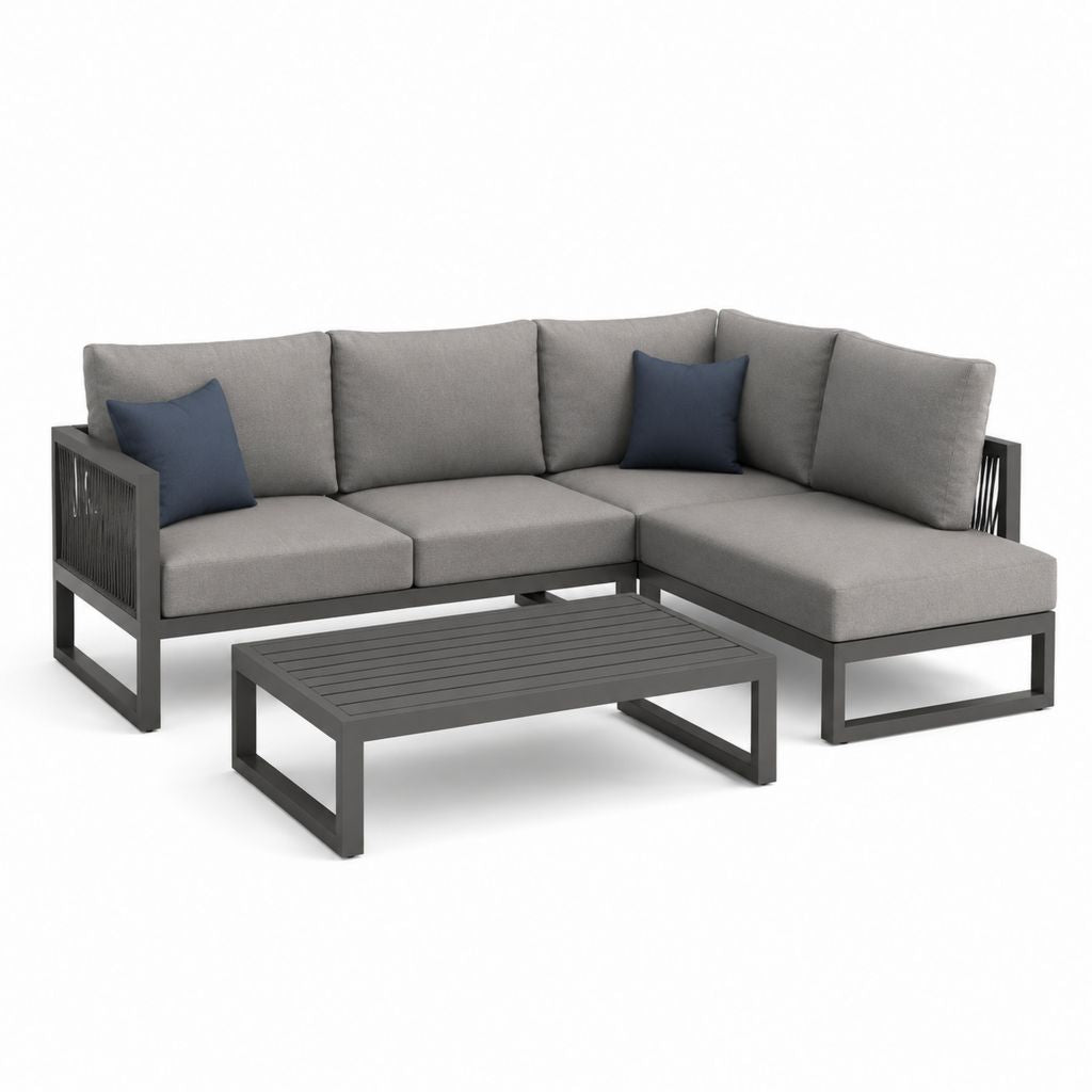 Set divani da giardino angolare con tavolino grigio antracite in alluminio e poliestere 230 x 230 x 65 cm