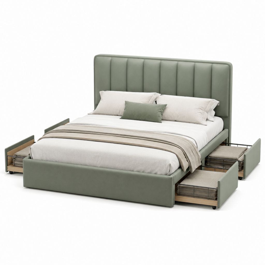 Letto matrimoniale con 4 cassetti verde salvia in similpelle PU 160 x 200 cm