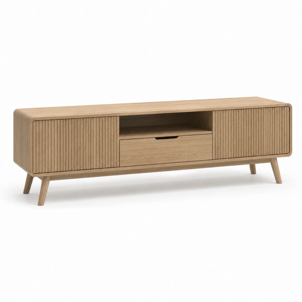 Mobile TV basso in rovere naturale con ante scanalate 180 x 40 x 55 cm
