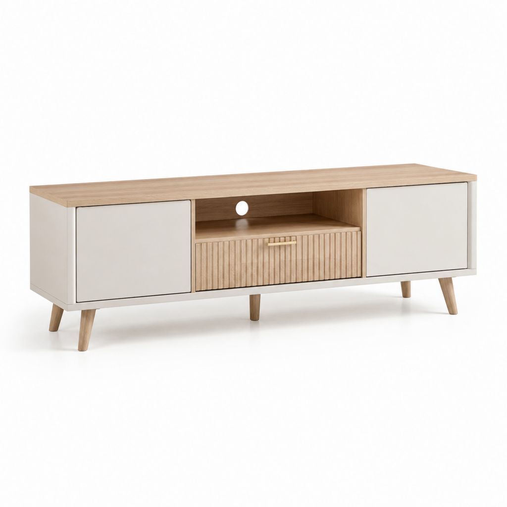 Mobile TV con 2 ante e cassetto bianco e rovere chiaro in pannelli di particelle 160 x 40 x 55 cm