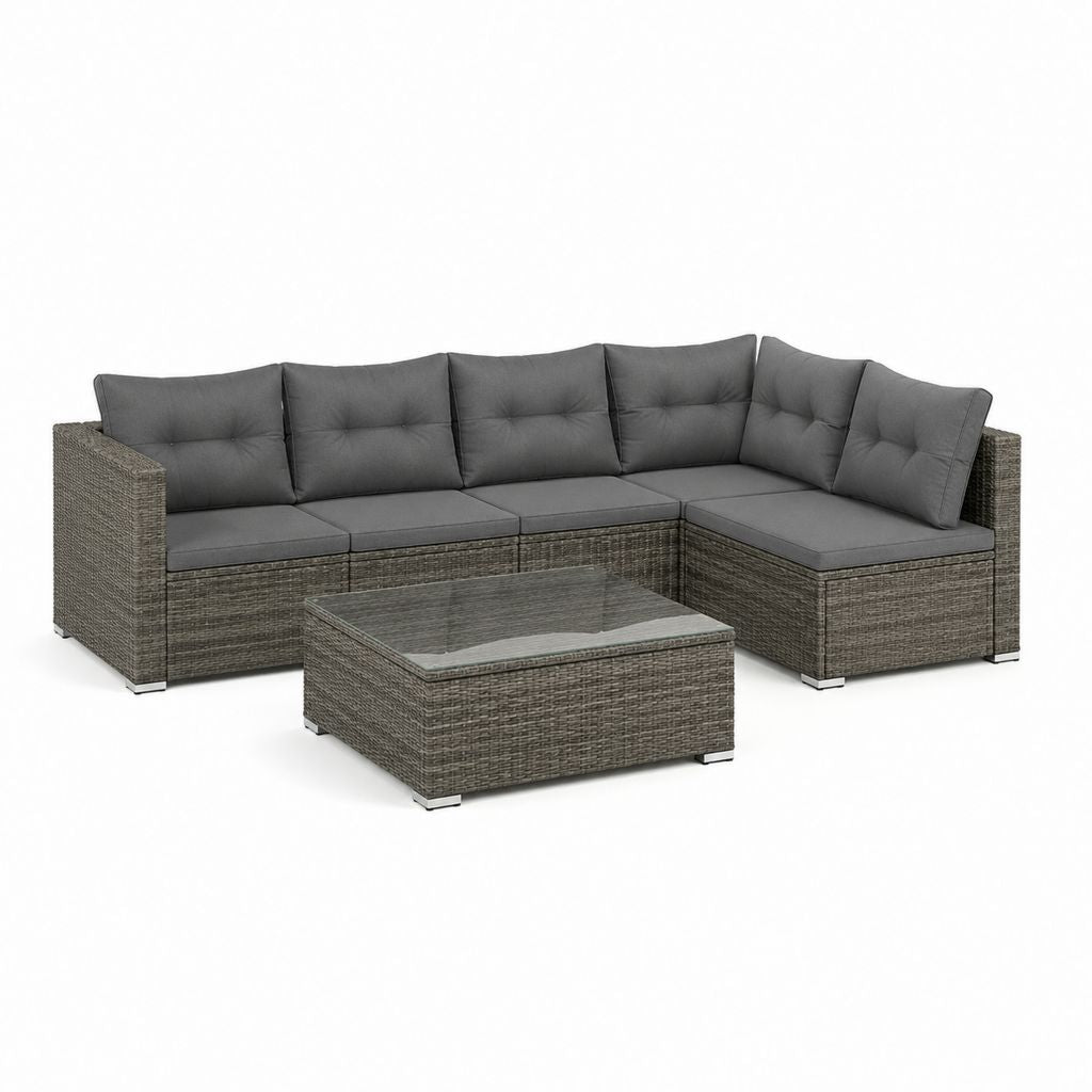 Set divano angolare da giardino 5 posti grigio antracite in polyrattan con tavolino in vetro 220 x 220 x 65 cm