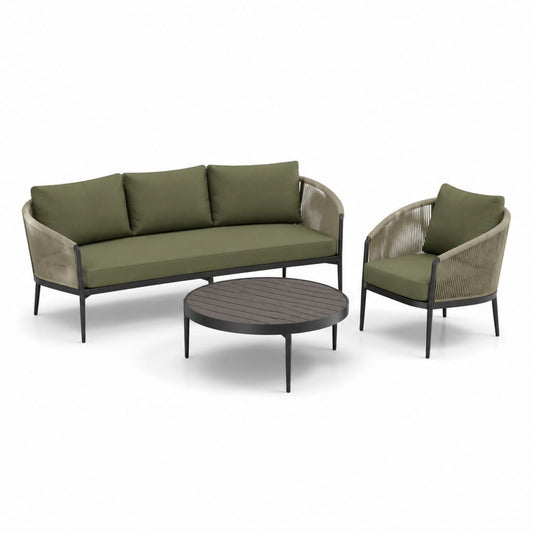Salotto da giardino 3 pezzi verde oliva in alluminio e corda sintetica con divano 3 posti poltrona e tavolino rotondo 180 x 75 x 75 cm